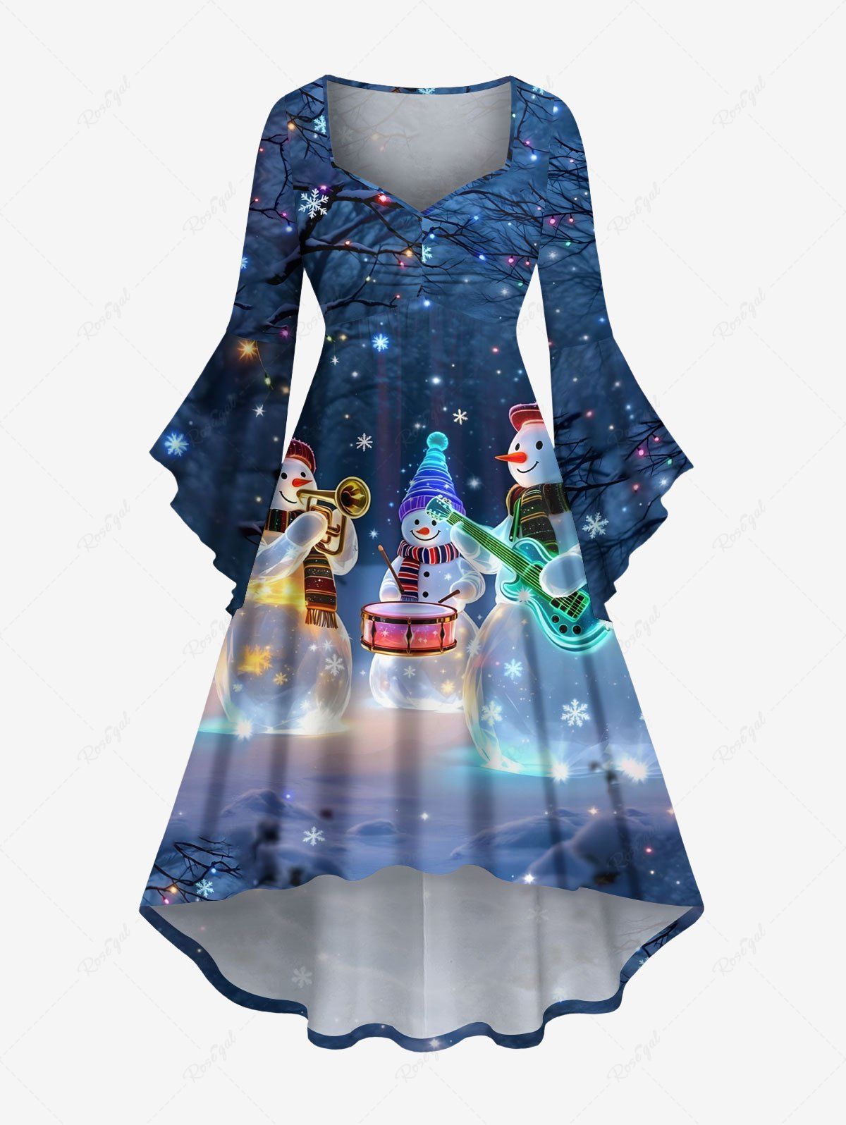New Plus Size Christmas Snowman Snowflake Musical Instrument Tree Print Flare Sleeves Ruched High Low Dress  