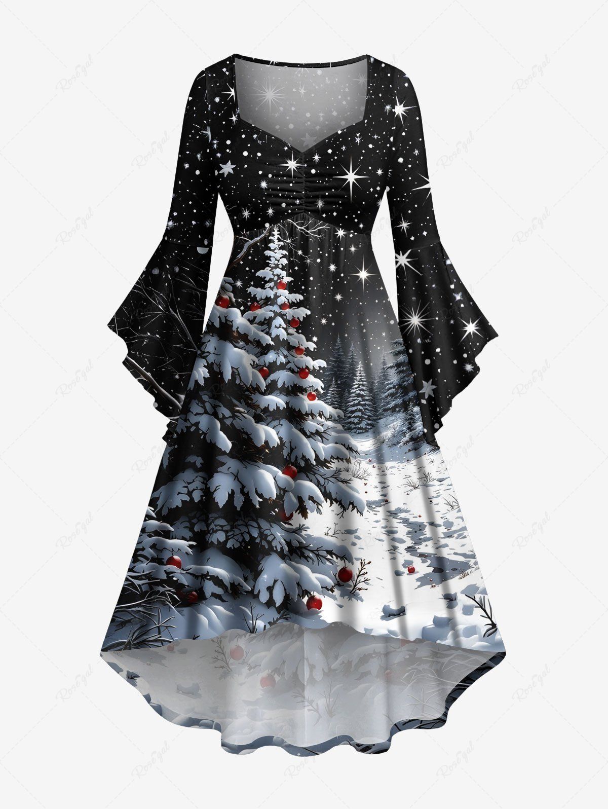 Discount Plus Size Christmas Tree Ball Snow Star Moon Print Flare Sleeves Cinched High Low Dress  