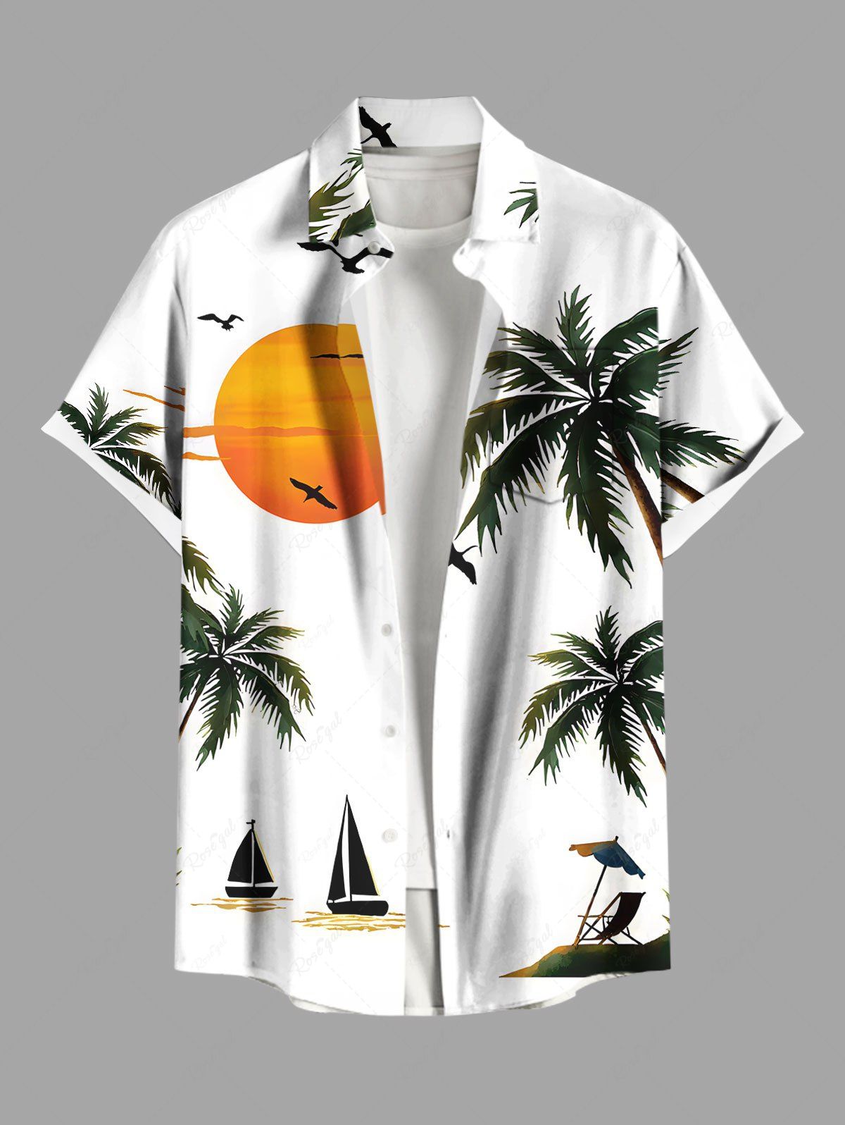 Chemise hawaïenne grande taille à imprimé cocotier, soleil, oiseau, bateau, boutons et poches pour homme Blanc 2XL