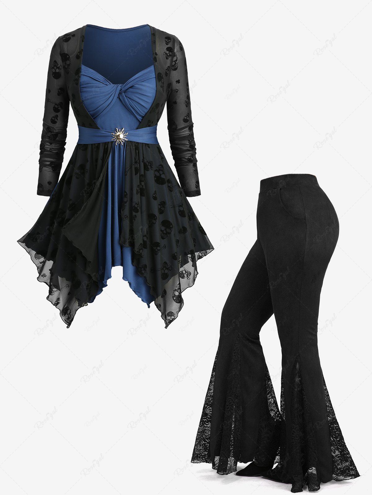 Best Skulls Flocking Twist Panel 2 In 1 Top and Flower Lace Patchwork Flare Pants Plus Size Outfit  