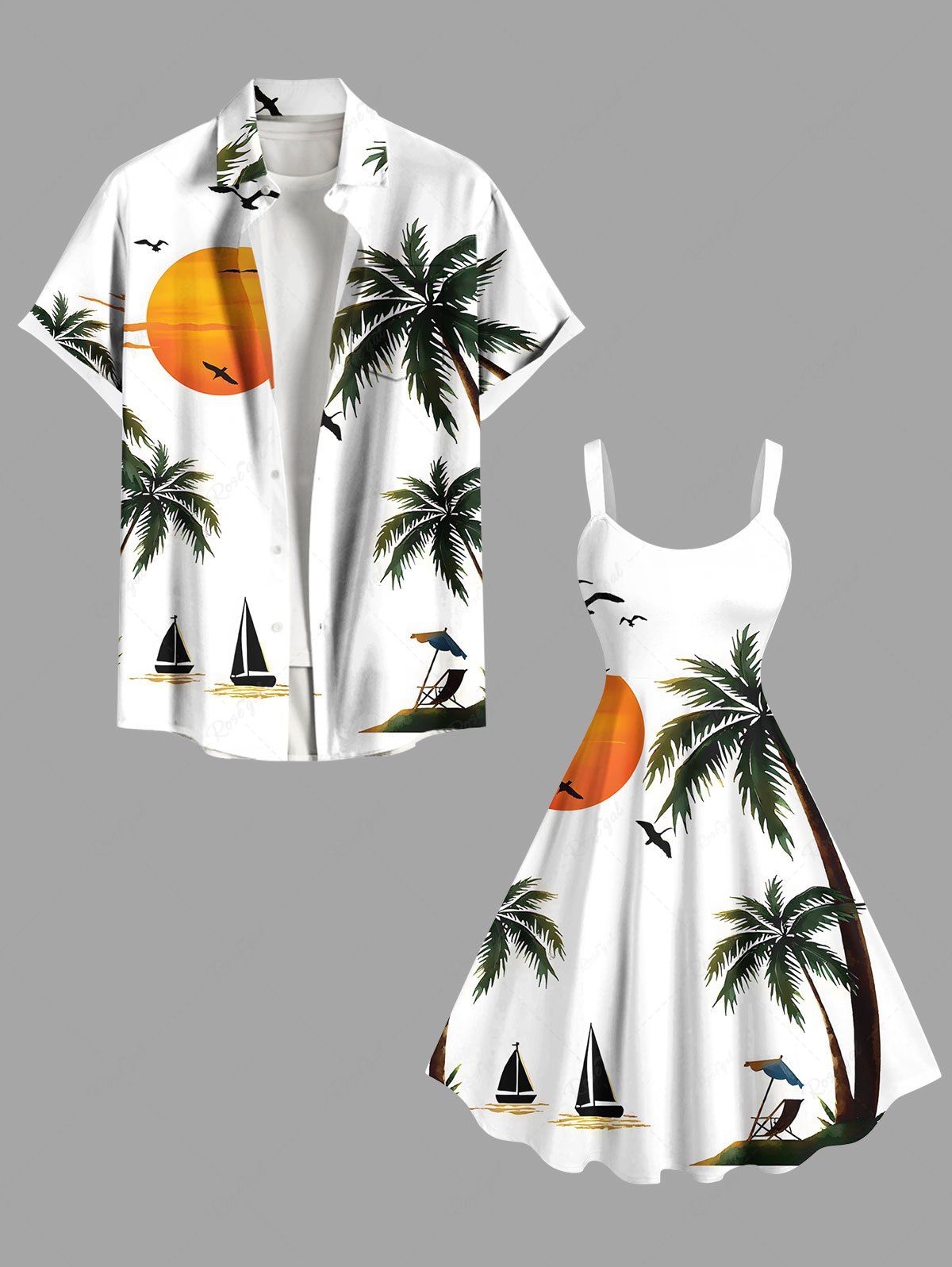 Buy Coconut Tree Sun Bird Boat Print Plus Size Matching Hawaii Beach Outfit For Couples  