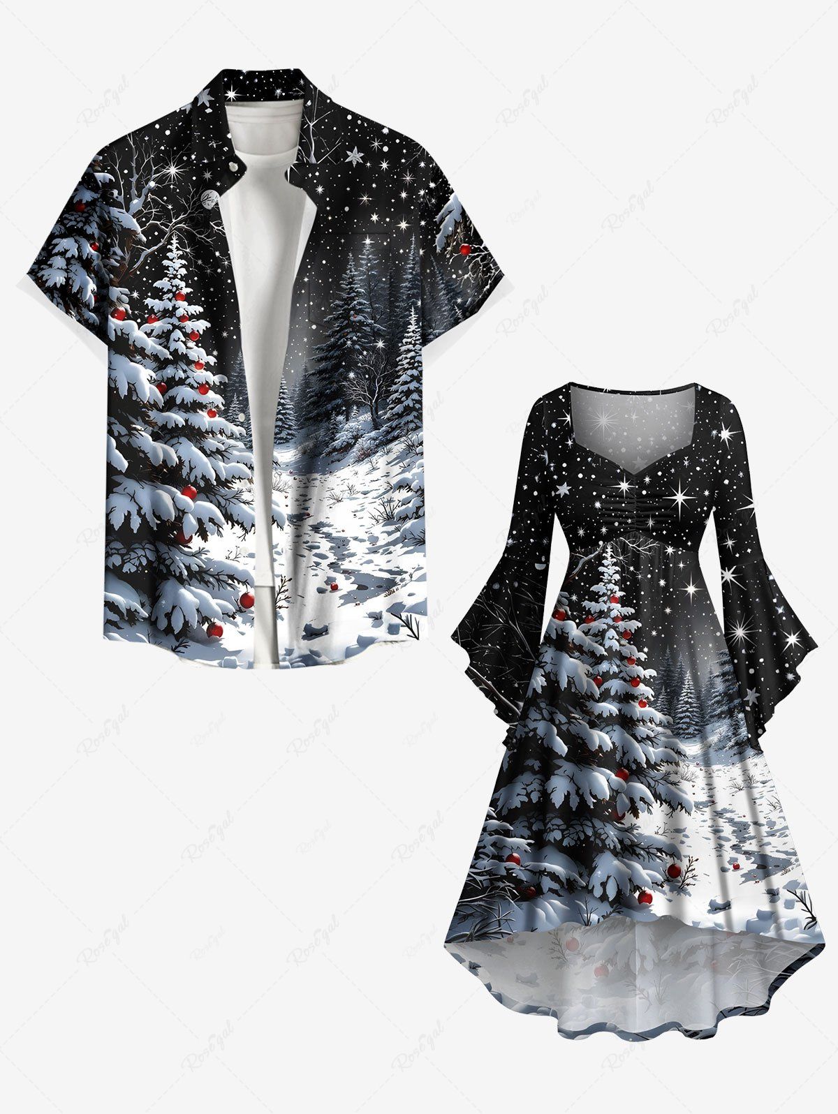 Outfits Christmas Tree Ball Snow Star Moon Print Plus Size Matching Outfit For Couples  