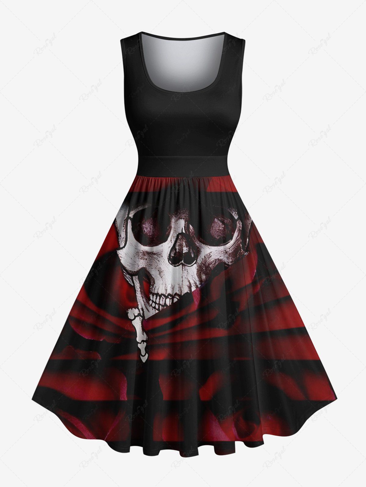 Latest Plus Size Tie Dye Ombre Skull Print Vintage Swing A Line Dress  