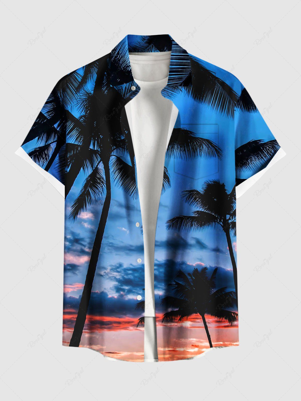 Chemise à poches boutonnées pour homme, grande taille, imprimé hawaïen, motif cocotier ombré ciel crépuscule Bleu Ciel 2XL