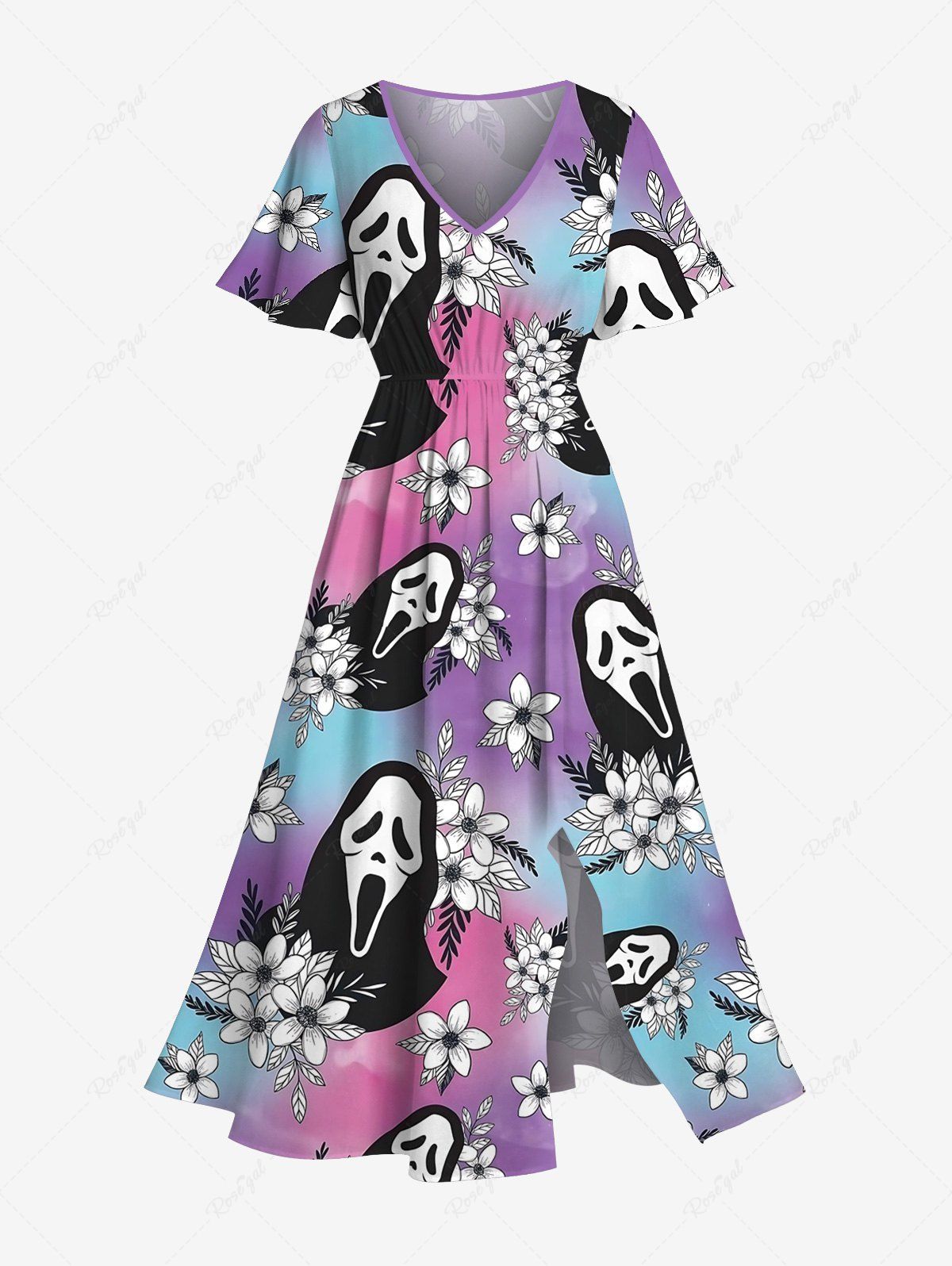 Robe mi-longue trapèze grande taille à imprimé feuilles tropicales, hibiscus, fleurs, crâne, ombré, style hawaïen, poches fendues Pourpre  6X