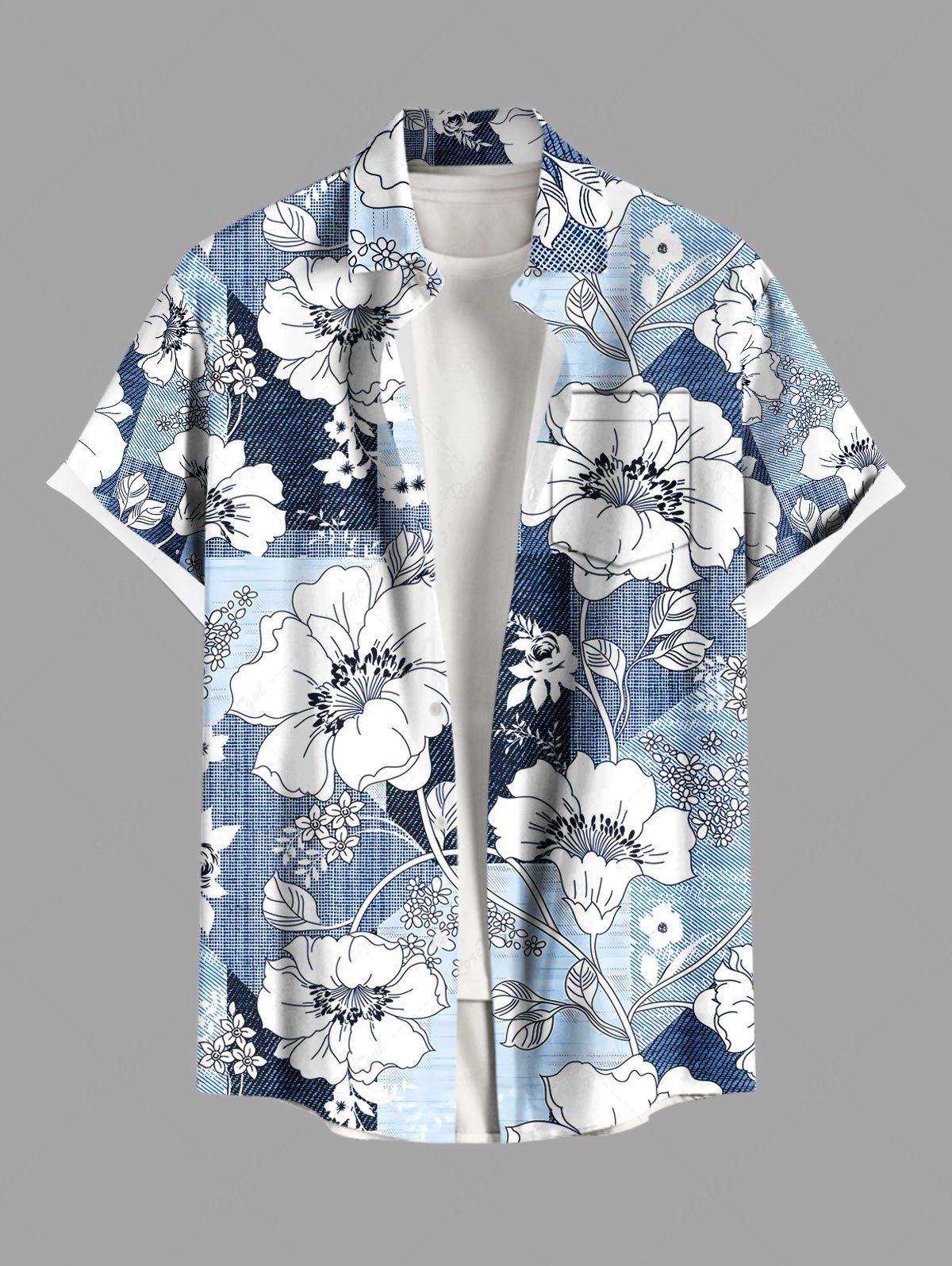 Chemise hawaïenne grande taille à imprimé floral et blocs de couleurs pour homme Bleu Poudre XL