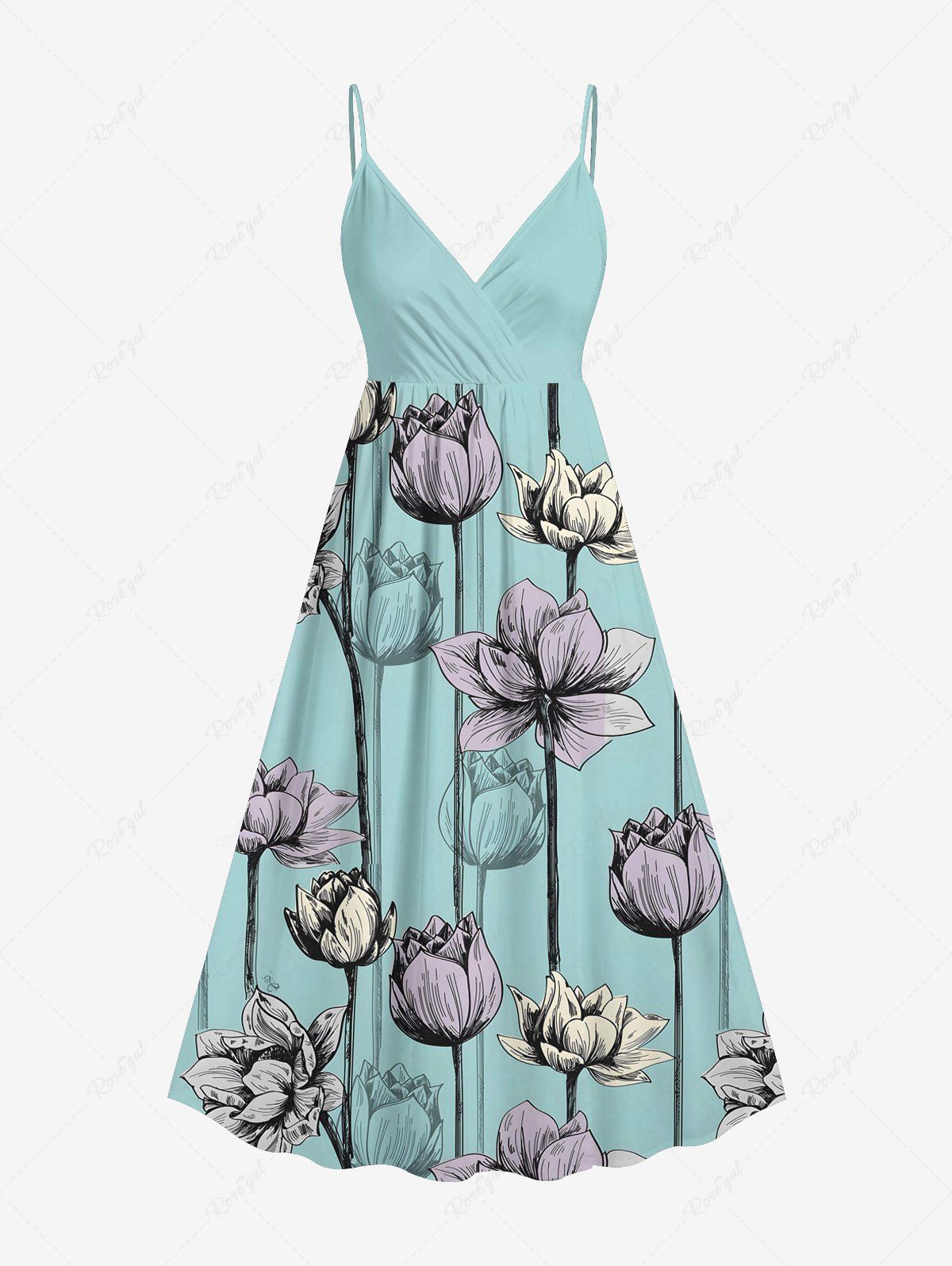 Robe caraco trapèze à imprimé fleur de lotus grande taille, style hawaïen, à surplis Vert clair XXS