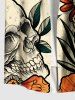 Plus Size Halloween Skull Skeleton Flowers Leaf Print Buttons Pocket Shirt For Men -  