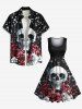 Plus Size Halloween Skull Flowers Print 1950s Vintage Dress -  