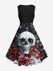 Plus Size Halloween Skull Flowers Print 1950s Vintage Dress -  