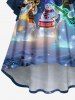 Plus Size Christmas Snowman Snowflake Musical Instrument Tree Print Flare Sleeves Ruched High Low Dress -  