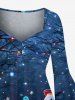 Plus Size Christmas Snowman Snowflake Musical Instrument Tree Print Flare Sleeves Ruched High Low Dress -  