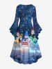 Robe de Noël grande taille, imprimé bonhomme de neige, flocon de neige, instrument de musique, arbre, manches évasées, froncée, taille haute et basse - Bleu 5X