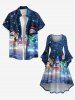 Plus Size Christmas Snowman Snowflake Musical Instrument Tree Print Flare Sleeves Ruched High Low Dress -  
