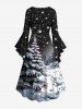Plus Size Christmas Tree Ball Snow Star Moon Print Flare Sleeves Cinched High Low Dress -  