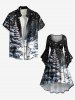 Plus Size Christmas Tree Ball Snow Star Moon Print Flare Sleeves Cinched High Low Dress -  