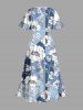 Plus Size Flower Branch Colorblock Print Hawaii Split Pocket A Line Midi Dress -  