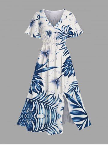Plus Size Hibiscus Flowers Tropical Leaf Print Split Hawaii Midi Dress - WHITE - XXS