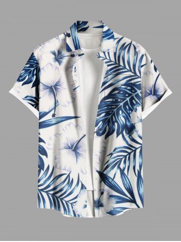 Plus Size Hibiscus Flowers Tropical Leaf Print Buttons Pocket Hawaii Shirt For Men - WHITE - 5XL