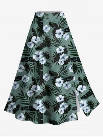 Plus Size Hibiscus Flowers Tropical Leaf Print Split Hawaii Skirt - GREEN - L