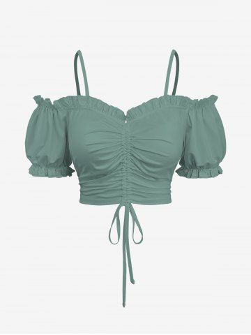 Plus Size Cinched Ruched Ruffles Cold Shoulder Cami Top - GREEN - L