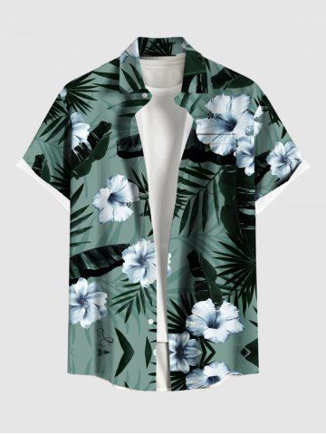 Plus Size Hibiscus Flowers Tropical Leaf Print Buttons Pocket Hawaii Shirt For Men - GREEN - 6XL