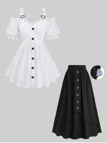 Jacquard Embroidery Pointelle Hollow Out Top and Mock Button Layered Pocket A Line Skirt Plus Size Outfit - WHITE