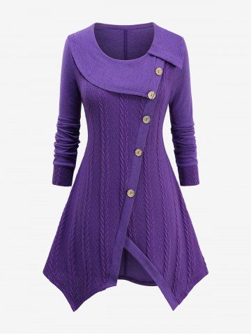 Plus Size Asymmetric Mock Buttons Cable Knit Sweater - CONCORD - 2X | US 18-20