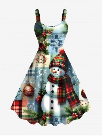 Plus Size Christmas Ball Snowflake Snowman Plaid Print A Line Tank Dress - RED - 3X