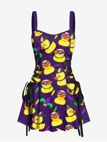 Ducks Clawn's Hat Feather Print Lace Up Hawaii Tank Dress - CONCORD - XS