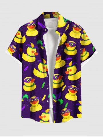 Plus Size Ducks Clawn's Hat Feather Print Buttons Pocket Hawaii Shirt For Men - PURPLE - 6XL