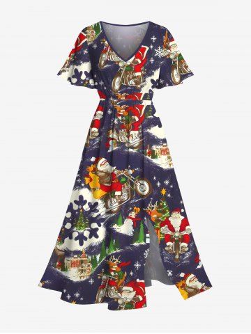 Plus Size Christmas Tree Snowflake Snowman Santa Claus Elk Print Split Pocket A Line Midi Dress - BLACK - XXS