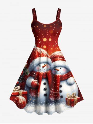 Plus Size Christmas Tree Snowman Light Spot Print Ombre A Line Tank Dress - RED - XXS