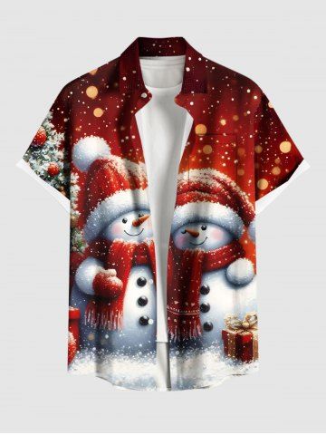Plus Size Christmas Tree Snowman Light Spot Print Ombre Button Pocket Shirt For Men - RED - 4XL
