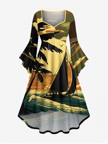 Plus Size Coconut Tree Sun Boat Sea Waves Print Flare Sleeves Ruched Hawaii High Low Dress - OLIVE GREEN - L