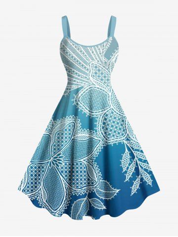 Plus Size Flower Dip Dye Ombre Print Hawaii A Line Tank Dress - SKY BLUE - XXS