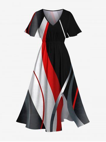 Plus Size Curve Light Beam Colorblock Print Hawaii Split A Line Midi Dress - BLACK - XXS