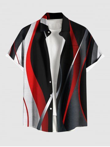 Plus Size Curve Light Beam Colorblock Print Hawaii Button Pocket Shirt For Men - BLACK - 6XL
