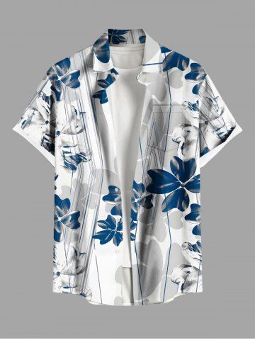 Plus Size Two Tone Leaf Print Hawaii Button Pocket Shirt For Men - WHITE - 2XL