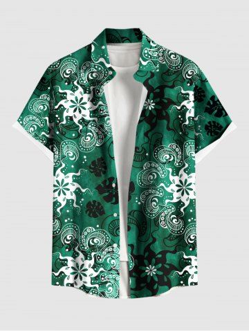 Plus Size Tropical Leaf Floral Pattern Print Buttons Pocket Hawaii Shirt For Men - GREEN - 5XL