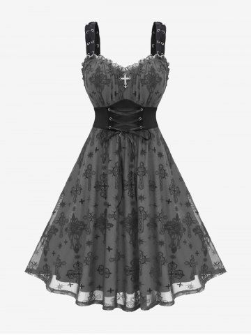 Gothic Plus Size Lace Up Ruffles Cross Tank Dress - GRAY - 1X | US 14-16