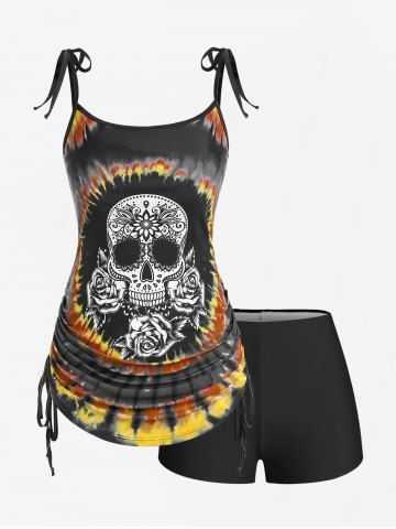 Maillot de bain tankini grande taille à imprimé tie-dye tête de mort et rose, shorty froncé et taille haute. - RED DIRT - 5X | US 30-32