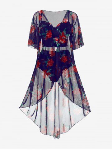 Plus Size Underwire Floral Tankini Swimsuit With Cover Up Set - CONCORD - L