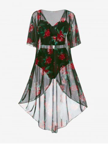 Plus Size Underwire Floral Tankini Swimsuit With Cover Up Set - OLIVE GREEN - 5X