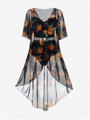 Maillot de bain tankini fleuri à armatures grande taille avec paréo assorti - ORANGE - 5X