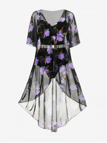 Maillot de bain tankini fleuri à armatures grande taille avec paréo assorti - LAVENDER PURPLE - 5X