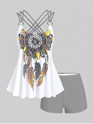 Plus Size Feather Print Crisscross Strappy Back Rings Boyshorts Tankini Swimsuit - GRAY - 3X | US 22-24