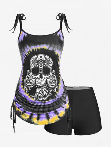 Plus Size Skull Rose Tie Dye Print Cinched Ruched Tie Boyshorts Tankini Swimsuit - MAUVE - 1X | US 14-16