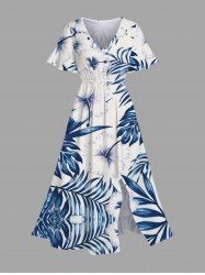 Robe mi-longue hawaïenne fendue à imprimé feuilles tropicales et fleurs d'hibiscus grande taille - Blanc 2X