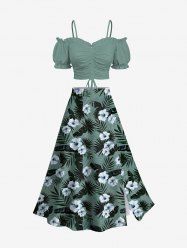 Hibiscus Flowers Tropical Leaf Print Plus Size Hawaii Matching Set -  